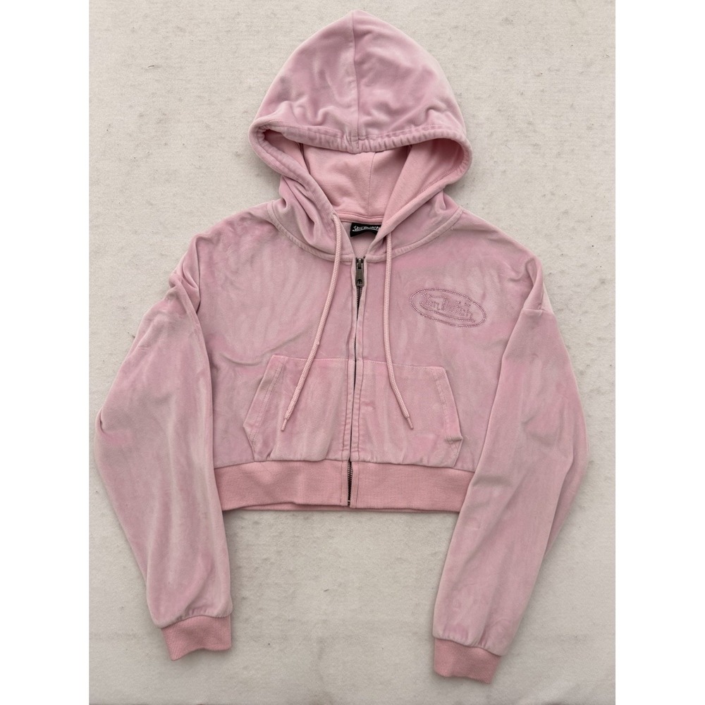Von Dutch Pink Velour Cropped‎ Hoodie Full Zip Women's Small Rhinestone Y2K